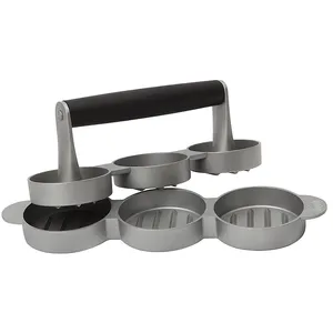 3 Slot Triple Mini Aluminium Hamburger Burger Press dengan Pegangan Kayu