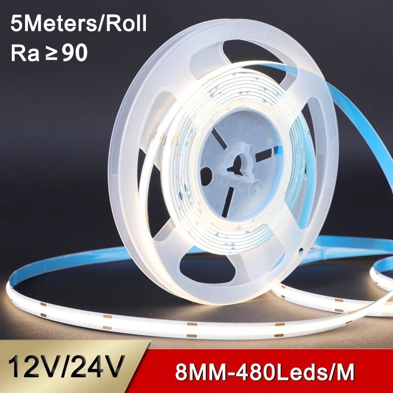 High Density 12V 24V 8MM 480Led/m Cob Led Strip Light Cri 95 Dot-free Self-adhesive Flexible Tiras Led Cob