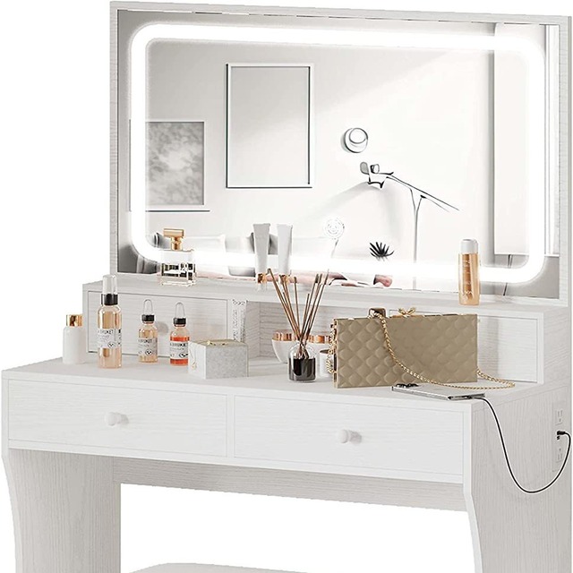 Makeup Vanity Set LED-Illuminated Mirror Adjustable Power Outlet 4 Drawers Eco-Friendly for Bedroom Bathroom Use Imported Board