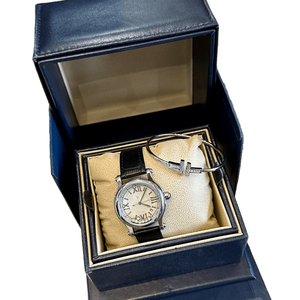 Montre automatique ronde avec cadran à pierres flottantes, bracelet en cuir et bracelet assorti, ensemble de bijoux décontracté pour Chopards - Product Image 1