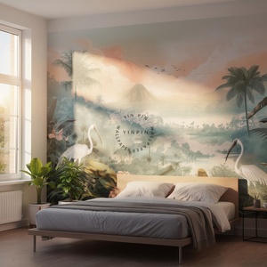 Papier peint mural traditionnel en vinyle à peler et à coller, paysage tropical paradisiaque, oiseaux exotiques, décoration murale pour la maison - Product Image 1