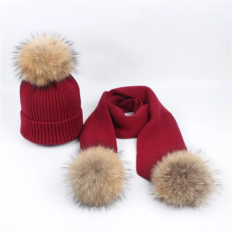 Autumn Winter Parent-child Fur Pompon Hat And Scarf Set Women Crochet Knitted Wool Beanies hats With Natural Fur Pom Pom hats