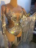 Justaucorps de danse exotique à franges et pompons tendance, tenue de scène, combinaison courte de club pour femmes, strass, body une pièce