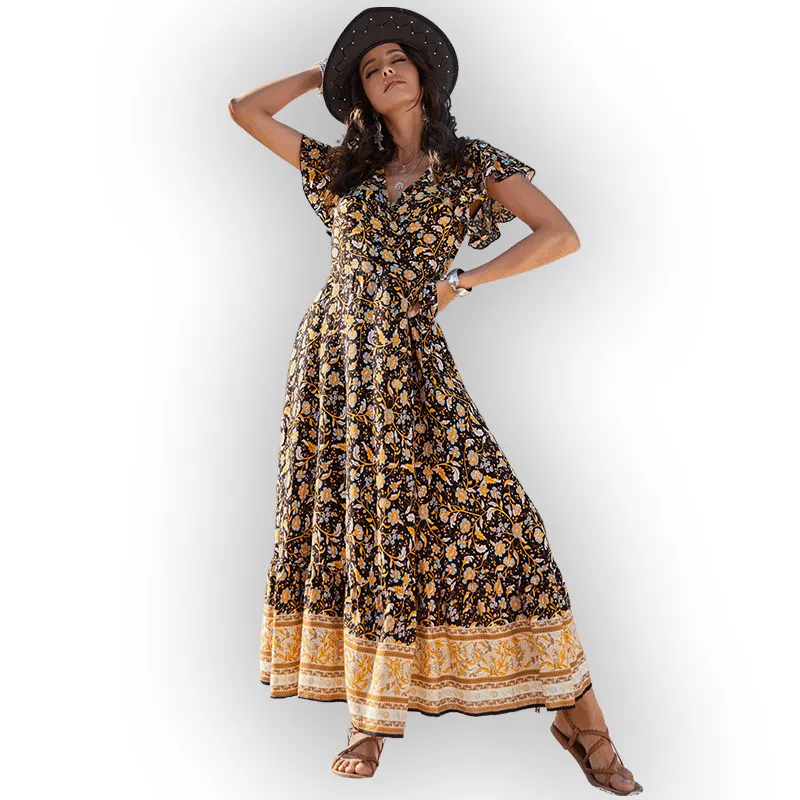 Lässige Blumen druck Böhmische Kleider Frauen Sexy A-Linie Boho Langes Kleid Picknick Urlaub Sunny Beach Chiffon Maxi kleider