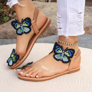 Women Embroidery Butterfly Flat <b>Sandals</b> Clear Strap <b>Elastic</b> Ankle Strap Summer Beach Open Toe Footwear - Product Image 2