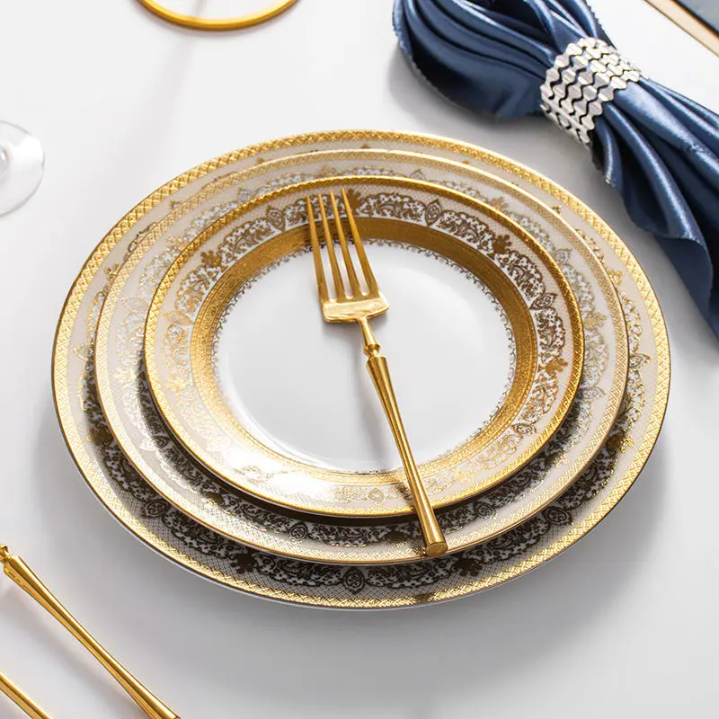 Conjunto de platos de cerámica PARA CENA, calcomanía elegante con estampado dorado de lujo para banquete de boda