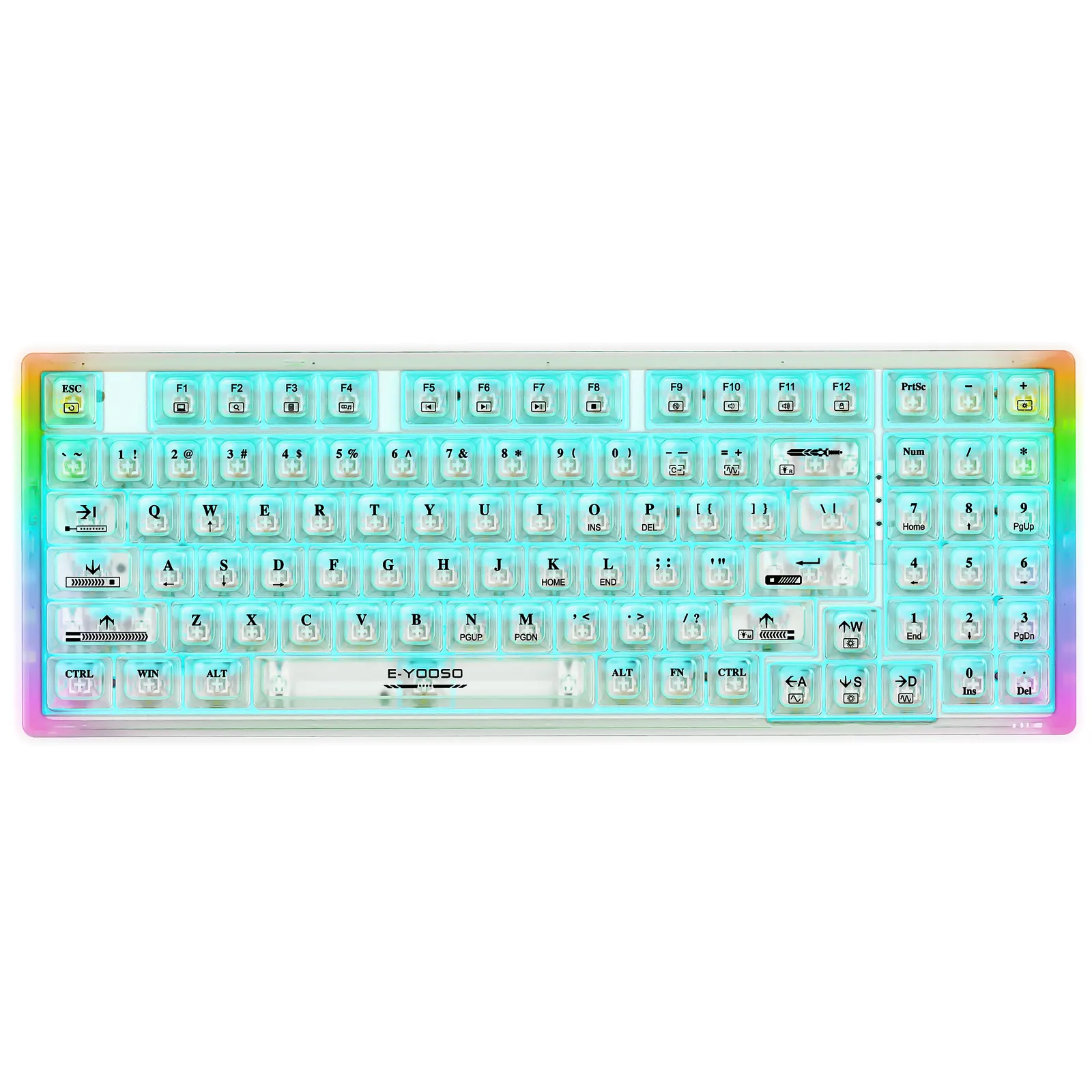 E-yooso Keyboard Gaming mekanis, papan ketik transparan lampu latar LED 94 kunci USB berkabel 95 persen