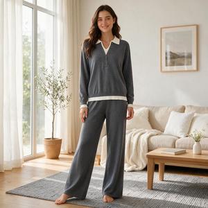 Conjunto de 2 Piezas de Punto para Mujer, Top de Manga Larga con Cuello Polo y Pantalones Anchos, Ropa Casual para Primavera y Otoño - Product Image 6