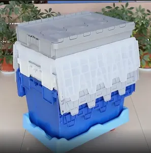 ふたが取り付けられた頑丈なプラスチック容器入れ子式で積み重ね可能なプラスチック製トートムービングボックスクレート