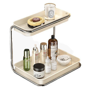 Élégant support de rangement cosmétique à deux niveaux, organisateur de maquillage de bureau, plateau de vanité en acier au carbone pour produits de soin de la peau et de beauté - Product Image 1