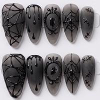 Faux ongles à presser en vrac pour Halloween, courts, carrés, style gothique, avec motifs croix, étoile, araignée et sang, avec colle