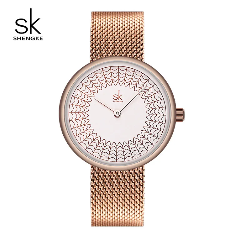 Shengke Fashion Women Watch Unique Design Rose Gold Lady Watch Luxury Quartz Female Wristwatch Steel Mesh Relogio Feminino 