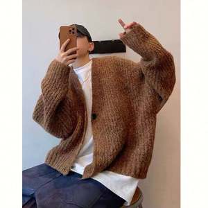 Pull-over décontracté à boutons pour hommes, col en V, manches longues, pull standard en laine, couleur unie, automne - Product Image 2