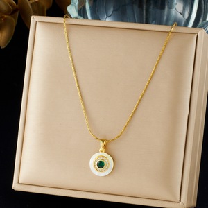 European Style Round Pendant Necklace White Shell Emerald Eye Gold Plated Stainless Steel Clavicle Chain For Women - Product Image 1