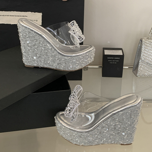 2025 Summer New <b>Wedge</b> Heel Thick-Soled Slippers Fashion PU Sole High Heels Bow Rhinestone Breathable Waterproof <b>Platform</b> Spring - Product Image 3