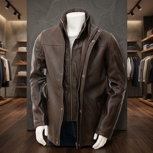 Chaqueta de cuero de vaca para hombre, estilo urbano, de invierno, impermeable, cortavientos, transpirable, teñido liso, con cremallera y cuello tipo embudo, la más vendida - Product Image 3