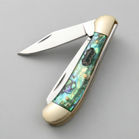 Couteau de poche pliant 2-en-1 à double lame en acier 3Cr13 avec manche incrusté de nacre pour camping en extérieur, cadeau, outil de vente en gros