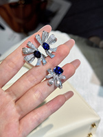 Fabrication de bijoux fins, cadeau pour femme, boucles d'oreilles et bague serties de saphirs ovales et de diamants de laboratoire, bijoux de luxe sur mesure