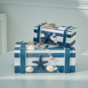 Boîtes de rangement en bois de style méditerranéen, ensemble de 2 boîtes à bijoux rectangulaires décoratives avec motif sur le thème de l'océan pour la maison et les voyages - Product Image 2