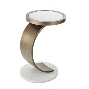 Amson Brass AG-22766 Mid-century Modern Marble Top Coffee <b>Table</b> with Curved 'C' Bronze Accent Bedside/<b>Sofa</b> <b>Side</b> <b>Table</b> - Product Image 1