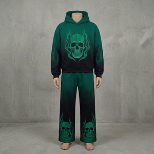 Conjunto de Sudadera con Capucha y Pantalones Deportivos para Hombre, Color Verde y Negro Degradado, con Estampado de Letras, Satén de Poliéster Transpirable, Estilo Gótico Urbano, Holgado, 2 Piezas - Product Image 1