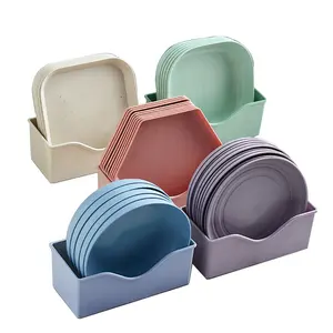 Plateau à gâteaux réutilisables, assiette en plastique paille de blé colorée, 5 pièces Set de 10 pièces avec support de rangement, plateau pour snacks de fruits 2022