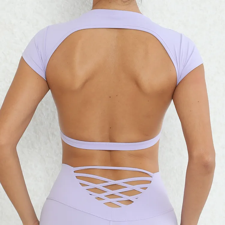 Penjualan laris wanita grosir kaus crop kualitas tinggi model punggung terbuka seksi musim panas atasan olahraga Yoga latihan