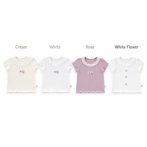 Adorable Camiseta de Verano para Bebé Niña, Manga Corta, Viscosa, Tejido Acanalado, Detalle de Encaje, Borde Ondulado - Product Image 3
