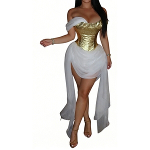 Robe de soirée asymétrique pour femme avec corsage métallique et superposition en mousseline drapée – Tendance Mode - Product Image 1