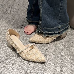 Spring New Women Pointed Toe <b>Block</b> Heel Shoes Pearl Decor Versatile Shallow Cut Side Hollow Elegant Fairy Style High Heels - Product Image 4