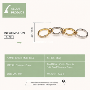 Linked Multi <b>Ring</b> Stainless Steel Cubic Zirconia 14K Gold Vacuum Plated Gold Silver Connected <b>Statement</b> <b>Ring</b> - Product Image 5