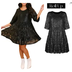 Noir Sequin bébé poupée robe été femme à la mode décontracté t-shirt Mini robe pour dames scintillant Bling robe