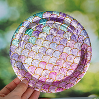 Assiettes en papier jetables holographiques sans plastique Ju-Sun, découpées au laser, à thème écailles de sirène, pour décorations de fête d'anniversaire
