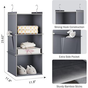 Hanging Closet Organizer 3 <b>Shelf</b> Grey Non Woven Fabric Storage <b>Shelves</b> For Bedroom Neatening With <b>Hook</b> Type Installation - Product Image 5