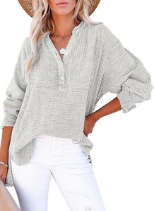 Blus Lipit Musim Semi dan Gugur untuk Wanita, Warna Solid, Kemeja Kasual Longgar, Blus Kancing Polos, Atasan V-neck - Product Image 4