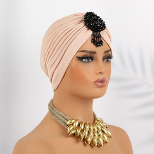 HZM-24182 femmes à volants Turban chapeau paillettes plissé Stretch tête enveloppe <span class=keywords><strong>chimio</strong></span> casquette <span class=keywords><strong>Bonnet</strong></span> avec broche pendentif - Product Image 5
