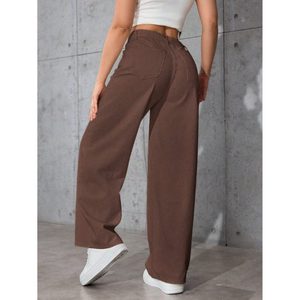 Jeans de luxe à taille haute, coupe décontractée, jambe large, denim brun, tissu extensible doux, écologique, durable, tailles 26-40 OSCA - Product Image 2