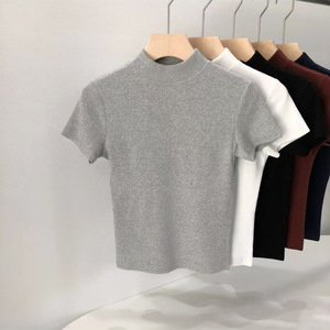 T-shirt en tricot à col haut et manches courtes pour femme, coton côtelé, coupe ajustée, gris, blanc, noir, bleu marine - Product Image 1