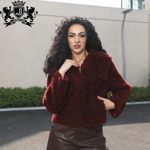 Veste en fausse fourrure de mouton Janefur pour femmes, style Y2K, col <span class=keywords><strong>marin</strong></span>, rouge vin, fermeture éclair - Product Image 2