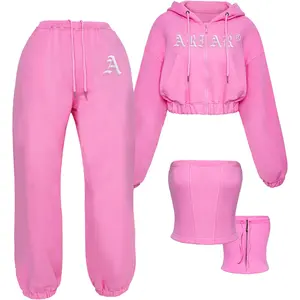 Hochwertige Frauen rosa Kleidung Französisch Terry Zip Up Crop 3D Big Multi-Pocket Jogging hose und Hoodie Jacke Set Trainings anzüge Frauen
