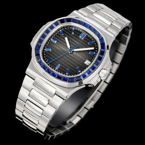 Reloj Deportivo Elegante con Acabado Platino Premium, Caja de Acero 316L, Esfera con Diseño de Onda Horizontal, Ideal para Viajes de Negocios y Ocio - Product Image 3