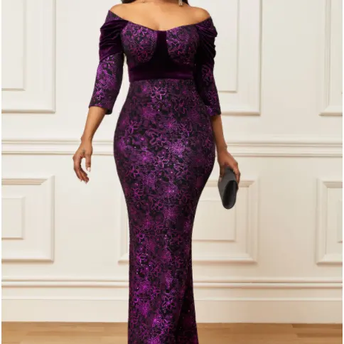 2022 Latest Design womens casual dresses Lace Panel Purple Velvet Stitching Off Shoulder Dress