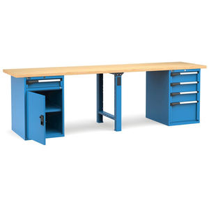 Banco de trabajo azul Fami Master 300cm con tapa de madera, puerta y 5 cajones - Product Image 1
