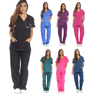 Conjuntos de uniformes médicos de manga corta para mujer, de colores sólidos, con cuello en V, de poliéster y elastano tejido, personalizados, de alta calidad, con detección de agujas - Product Image 1