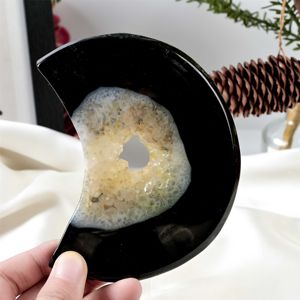 Prix de gros : Pierres de guérison en agate noire druzy sculptée, en forme de lune, style vintage traditionnel spirituel, pour la lithothérapie - Product Image 5