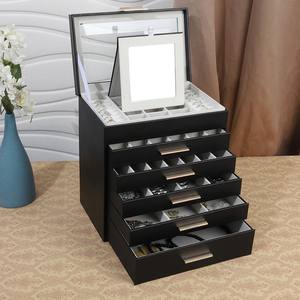 صندوق مجوهرات كبير عبر الحدود 6 طبقات مع مرآة الأقراط سوار قلادة تخزين أسود في المخزون - Product Image 3