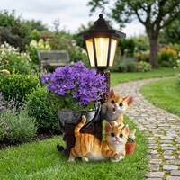 Solarbetriebene Katzen-Gartenfigur aus Kunstharz im Art-Deco-Stil mit Blumentopf und Laterne, 16 cm Durchmesser, für Veranda, Terrasse, Balkon, Geschenk