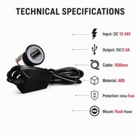 Chargeur rapide stéréo double USB QC3.0 PD DAMAVO 12-24V, respectueux de l'environnement, non toxique, conforme à la norme RoHS, matériau ABS, LED bleue, câble de 500/1500 mm