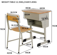 Ensemble de bureau et chaise d'école réglables avec boîte à livres en acier, table d'étude en bois avec base en T, mobilier scolaire durable