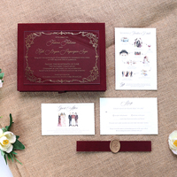 Invitation de mariage en velours floqué bordeaux, couverture rigide, impression personnalisée, sceau de cire, ensemble d'invitations avec ruban à pompon